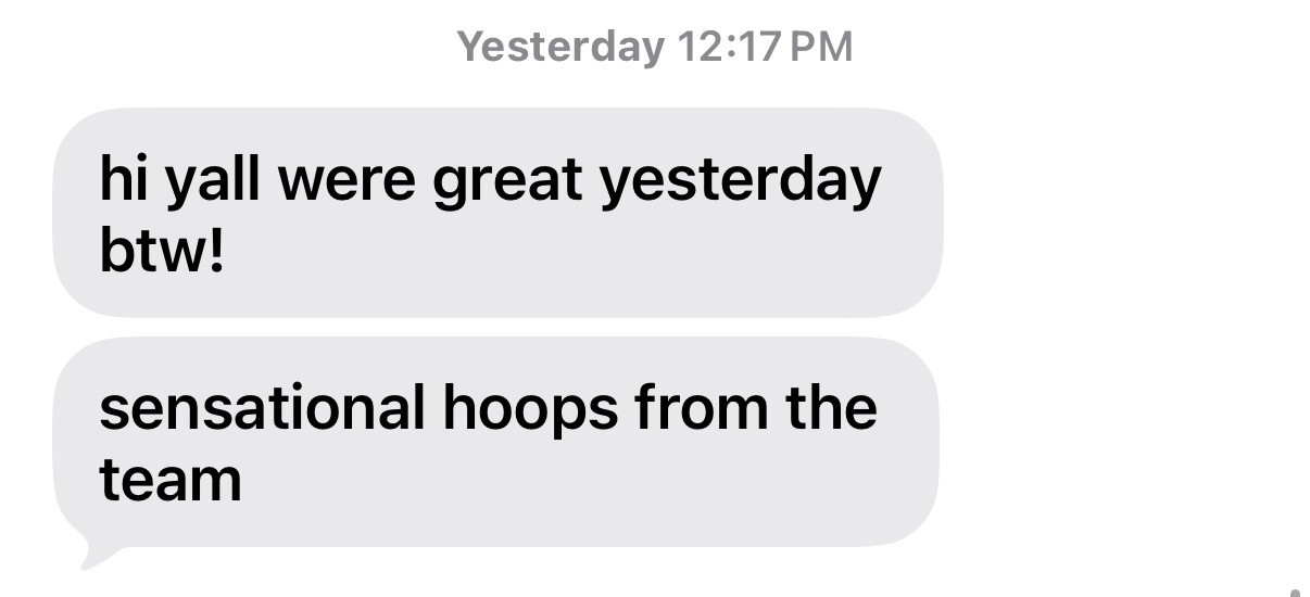 Client message complimenting the team the day after an event