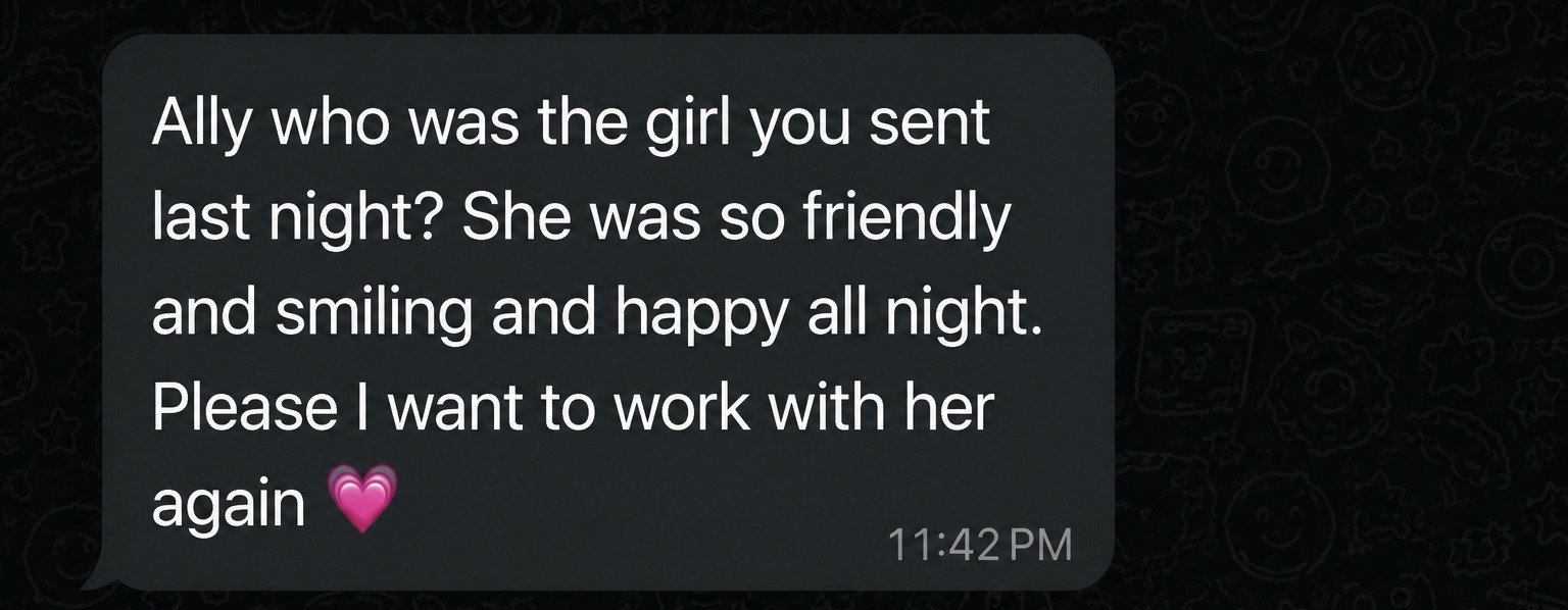 Client message requesting the same Brat Haus staff member again
