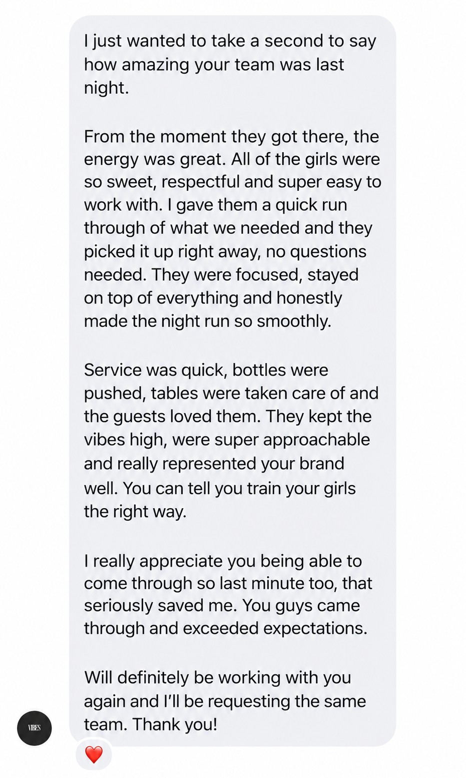 Client message praising the Brat Haus Collective team's energy and service